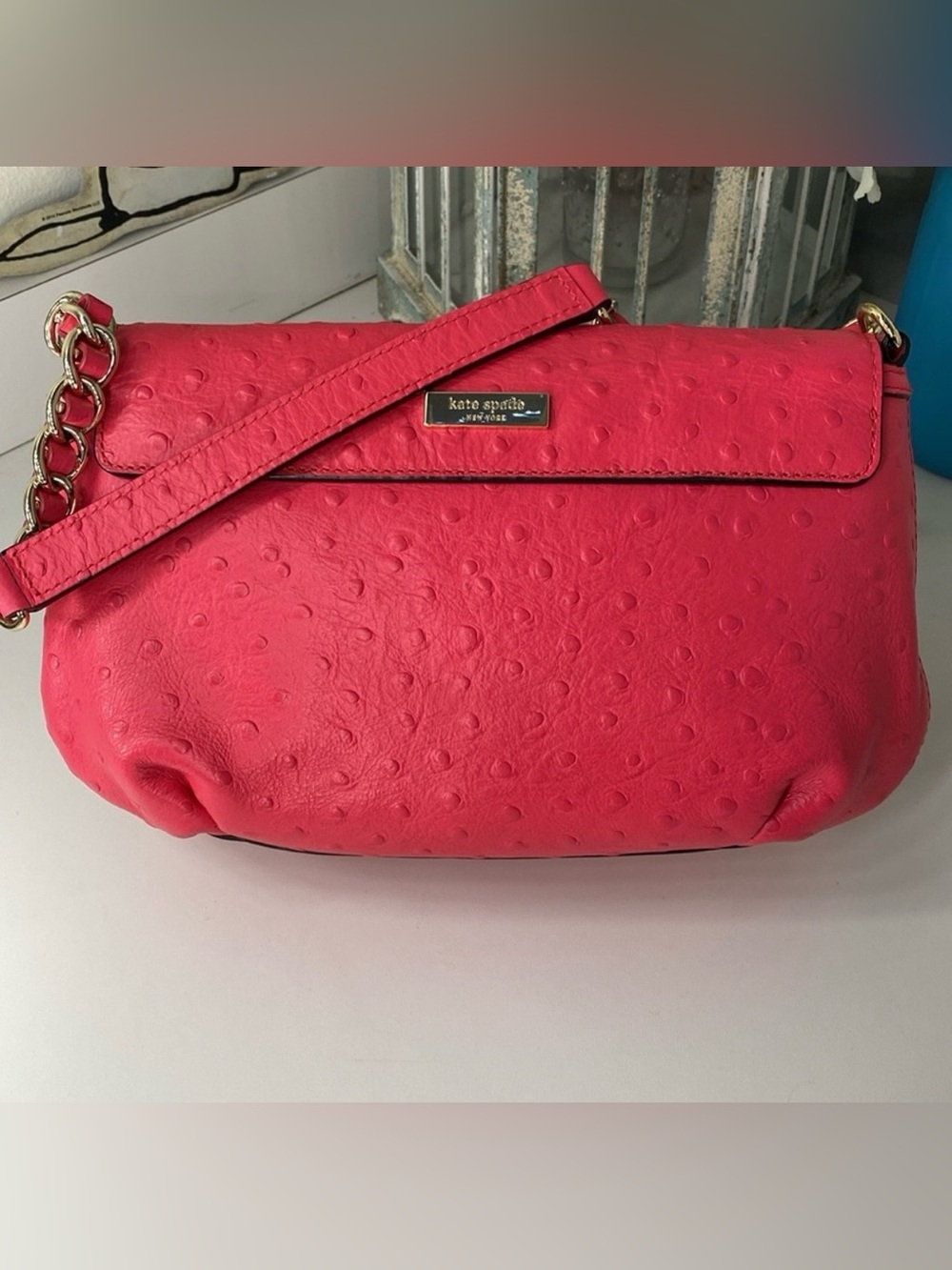 EUC Kate Spade Charm City Joleen Ostrich Embossed Bow Shoulder Bag Desert Rose - Picture 9 of 13